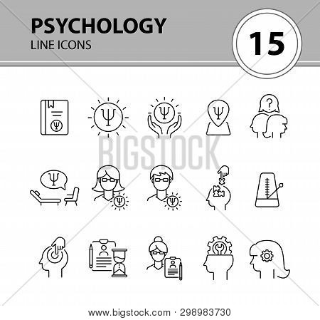 Psychology Line Icon Set. Man, Woman, Head, Gear. Mental Science Concept. Can Be Used For Topics Lik
