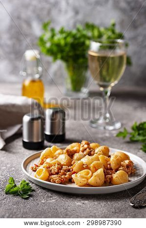 Pasta Bolognese With Meat Sauce. Tradidtional Italian Dish