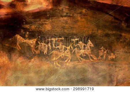 Sketches Of Warriors On Horseback With Swords In Their Hands Drawn By Primitive People At Bhimbetka 