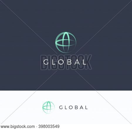 Round Sphere With Cross Vector Logo Concept. Global Universal Technology Isolated Icon On Dark Backg