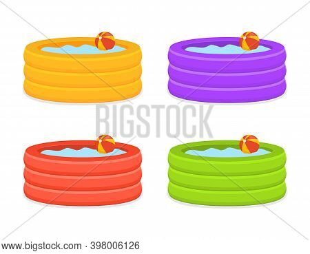 Inflate Backyard Pool Baby Plastic Flat Vector. Portable Rubber Pool Cartoon