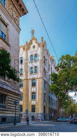 Budapest, Hungary, Aug 2019, the Postal Savings Bank building at the corner of Hold & Kiss Erno Utca