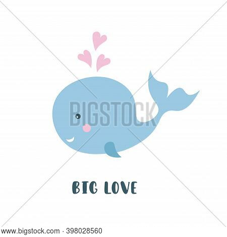 Kids Cartoon Illustration Of A Cute Baby Whale. Valentine's Day. Baby Valentine. Baby Shower. Big Lo