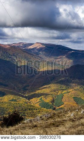 Mountains And Forests Of Crimea. Coniferous And Deciduous Trees On The Hills Of The Mountains And Ro