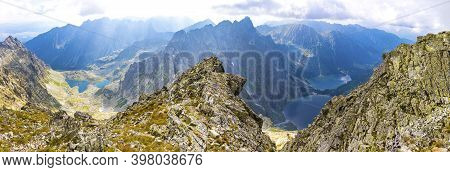 Panorama Of High Tatras Mountains. View From Mt Rysy (2503m) On The Border Between Slovakia (left) A
