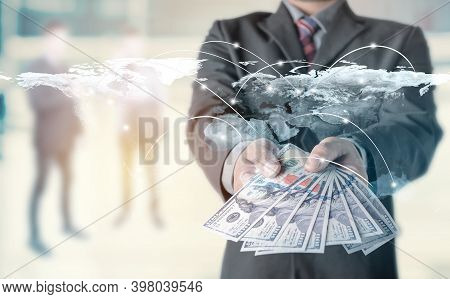 Money In Businessman Hand And Worldmap Connection Background, Us Dollar,investment, Success And Prof