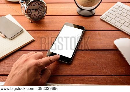 Hand Use Smart Phone With Blank Empty Screen Top View