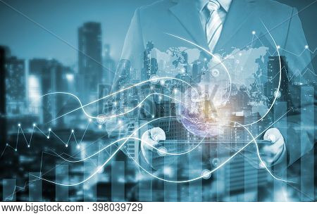 Double Exposure Businessman On City And Network Line Concept Background. Blockchain And Bitcoin Conc