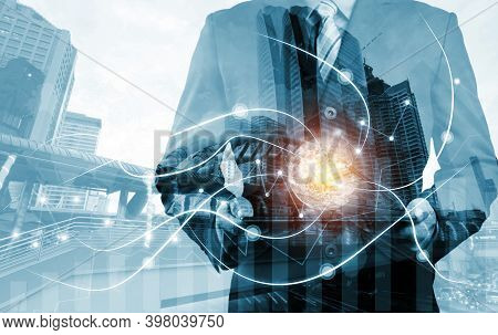 Double Exposure Businessman On City And Network Line Concept Background. Blockchain And Bitcoin Conc