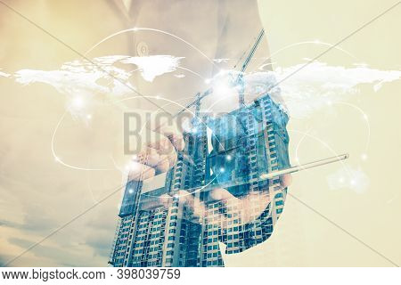 Double Exposure Of Success Businessman With Forex Graph And Network Line Concept Background.