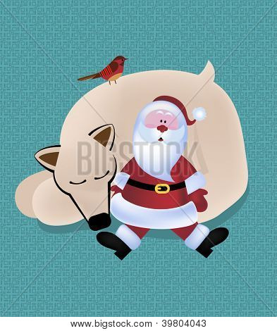 Santa schoulila do ledního medvěda, ptáků a pozadí s retro vzorem