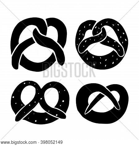 Set Of Different Black Pretzel Silhouettes. Bovarian Treats. Traditional German Cuisine. Set Of Icon