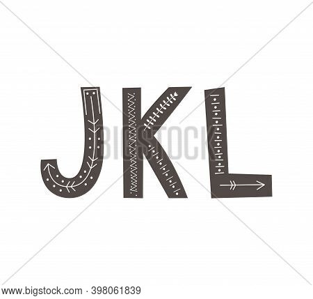 Alphabet And Numbers In Scandinavian Style. Hand Drawing Vector Illustration. Jkl