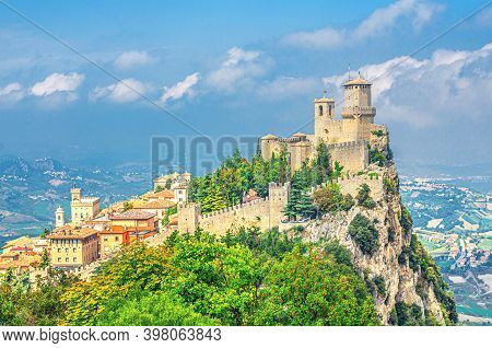 Republic San Marino Prima Torre Guaita First Fortress Tower With Brick Walls On Mount Titano Stone R