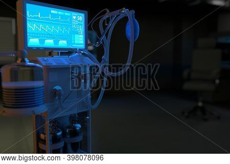 Medical 3d Illustration, Icu Artificial Lung Ventilator With Fictive Design In Night Hospital With B