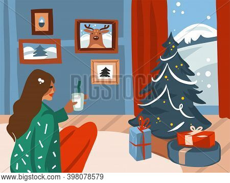 Hand Drawn Vector Abstract Stock Flat Merry Christmas, And Happy New Year Cartoon Illustrations Of B