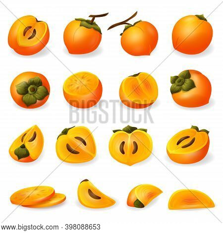 Persimmon Icons Set. Cartoon Set Of Persimmon Vector Icons For Web Design