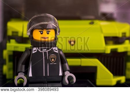 Tambov, Russian Federation - June 24, 2020 Lego Lamborghini Urus St-x Driver Minifigure Against Her 