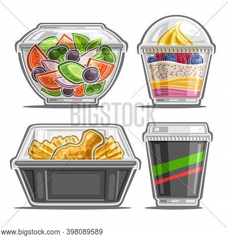 Vector Set For Meal Delivery Service, 4 Cut Out Illustrations Of Organic Salad In Clear Plate, Soft 