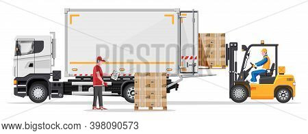 Forklift Loading Pallet Boxes Into Truck. Warehouseman With Checklist. Electric Uploader Loading Car