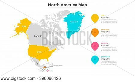 Map Of North America Divided By Territorial Boundaries. American Subcontinent With Country Division.