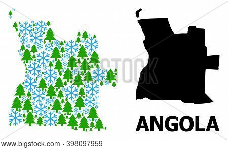 Vector Collage Map Of Angola Done For New Year, Christmas, And Winter. Mosaic Map Of Angola Is Done 