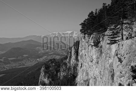 Picturesue Mountain Scenery - Typical Austrian Landscape: Green Idylic Hills - Steep Rock Face & Whi
