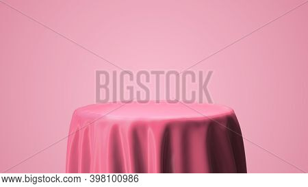 Pink satin drop on the circle table for model package presentation and pink background with 3d rendering.