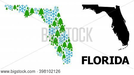 Vector Mosaic Map Of Florida State Created For New Year, Christmas, And Winter. Mosaic Map Of Florid