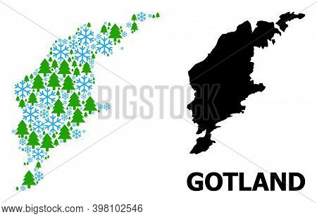 Vector Collage Map Of Gotland Island Organized For New Year, Christmas, And Winter. Mosaic Map Of Go