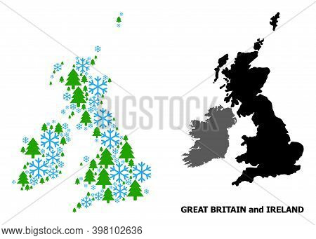 Vector Collage Map Of Great Britain And Ireland Designed For New Year, Christmas, And Winter. Mosaic