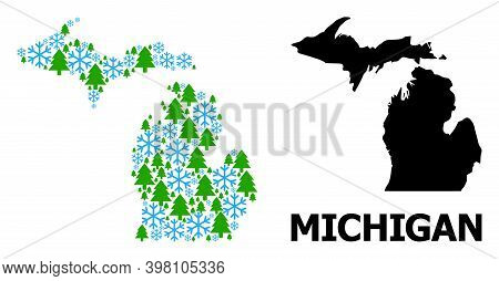 Vector Mosaic Map Of Michigan State Constructed For New Year, Christmas, And Winter. Mosaic Map Of M