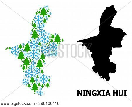 Vector Mosaic Map Of Ningxia Hui Region Combined For New Year, Christmas, And Winter. Mosaic Map Of 