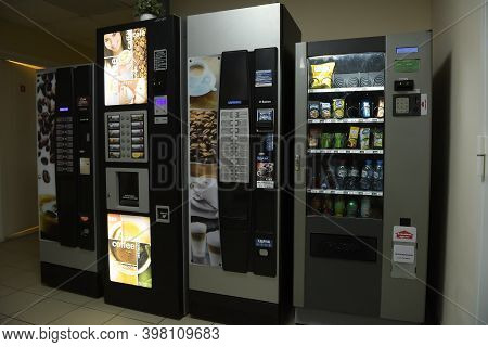 Russia, St. Petersburg 12/16/2019  Appliances For The Sale Of Coffee And Chocolate In The Lobby
