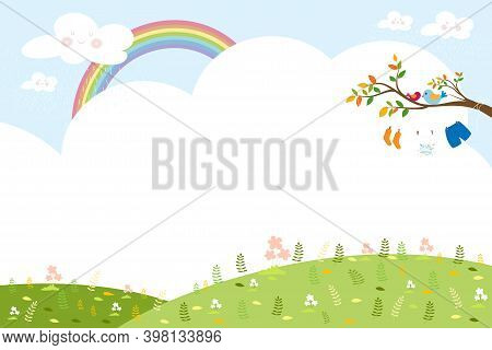 Spring Or Summer Landscape With Rainbow And Blue Sky,kids Clothes Hanging On The Branches Tree, Bann