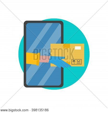 Parcel, Delivery Service, Onlaine Ordering, Shopping, Ecommerce Concept. Safe Delivery, Hands In Glo