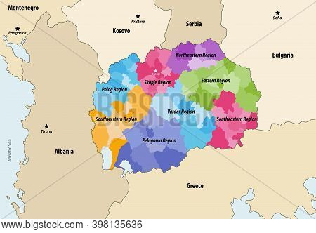 Municipalities Of North Macedonia Colored By Regions With Neighbouring Countries And Territories Vec