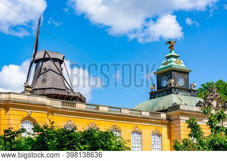 New Chambers (neue Kammern) Palace And Windmill (windmuhle) In  Sanssouci Park, Potsdam, Germany
