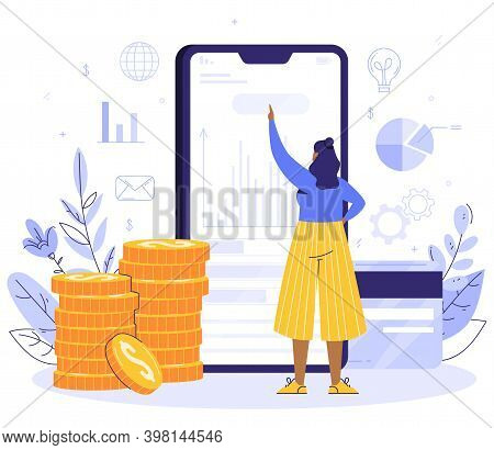 Online Payment Concept. The Girl Is Standing Next To The Smartphone. Money Transfer And Payment Tran