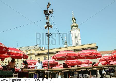 Zagreb, Croatia - June 2, 2008: Trznica Dolac Market Seen From Below With Its Red Umbrellas. Dolac I