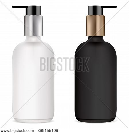 Pump Bottle For Cosmetic Serum, Black And White Mockup. Clear Glass Bottles With Plastic Dispenser F
