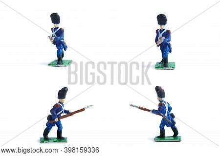 4 In 1 Photo Of Metal Soldiers With Musket On The White Background