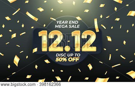 12.12 Year End Mega Sale Banner Template Design With Gold Confetti. Social Media Banner Template, Vo