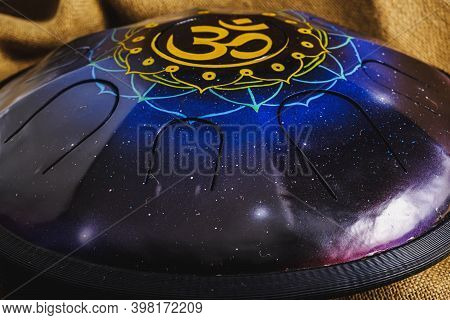 Colors Steel Tongue Drum, Vadjraghanta, Tank Drum Close-up Modern Musical Instrument