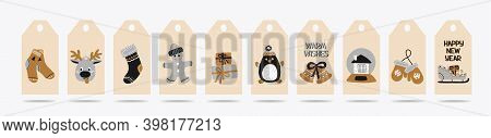 Set Of Christmas And New Year Gift Tags In The Scandinavian Doodle Style, Gold, Silver And Black Col