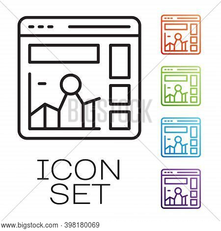 Black Line Website With Stocks Market Growth Graphs And Money Icon Isolated On White Background. Mon