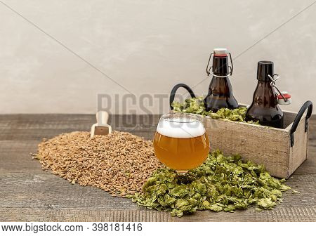 Home Brewing Concept. Craft Lager Beer With Growlers And Ingredients.