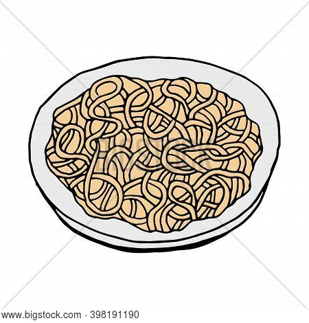 Vector Hand Drawn Doodle Soba Noodles. Japanese Cuisine Dish. Design Sketch Element For Menu Cafe, R