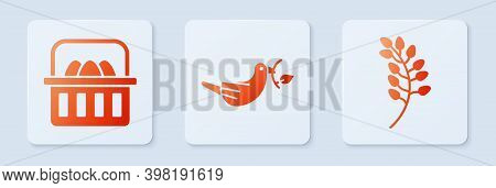 Set Peace Dove With Olive Branch, Basket With Easter Eggs And Willow Leaf. White Square Button. Vect