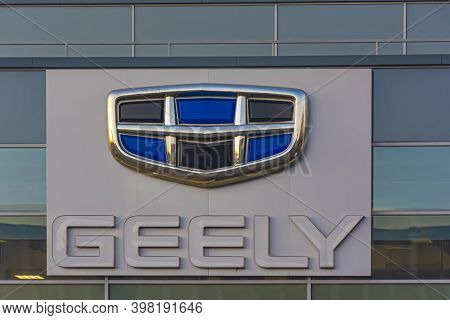 Belarus, Minsk-11/09/2020: Geely Logo On The Building Facade. Stock Photo.